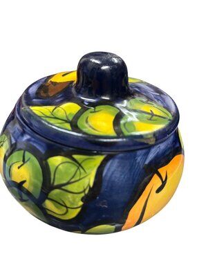Salvador Handmade Blue yellow fruit theme ceramic glazed lided bowl SKU 10-195